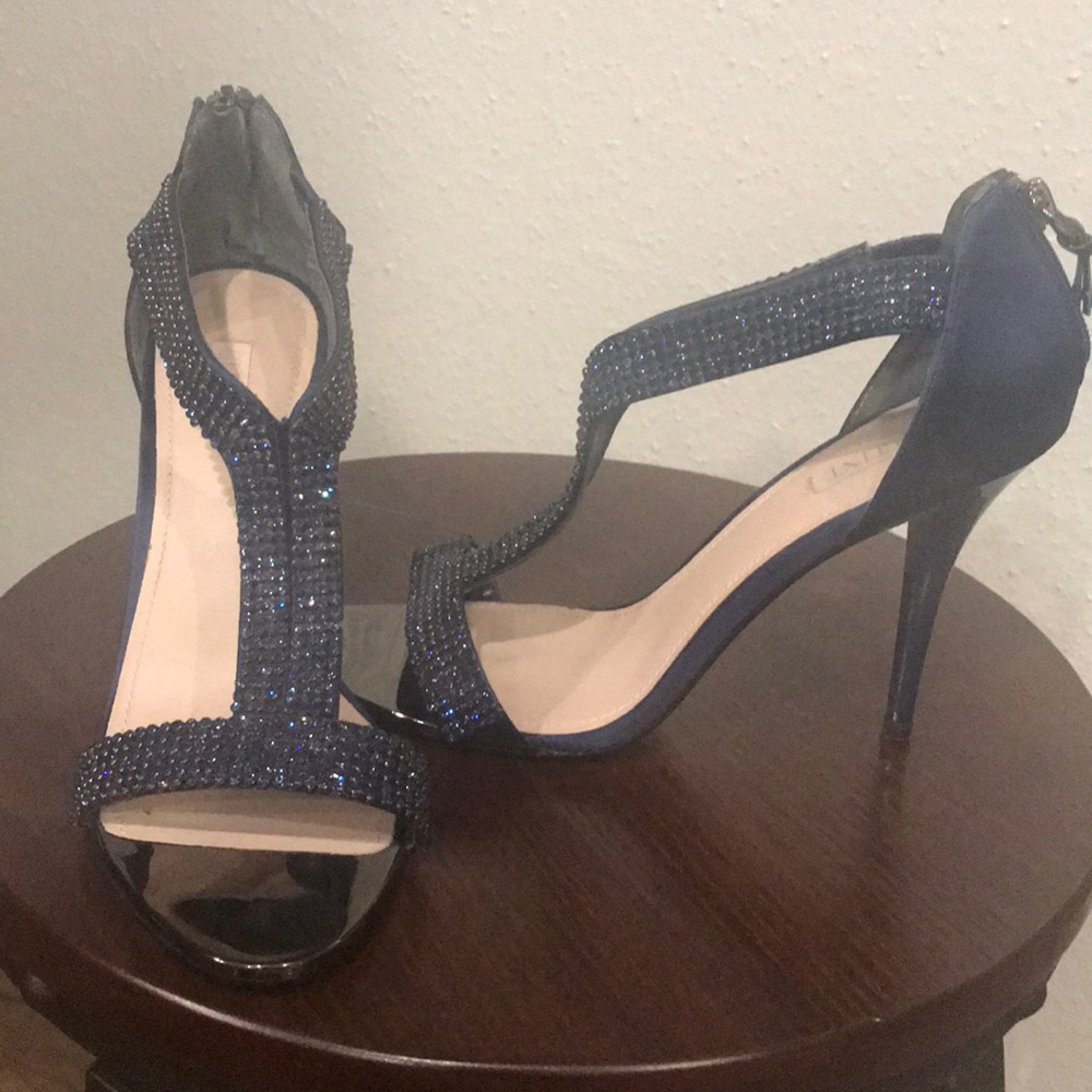 Navy stone/satin T-strap evening shoe